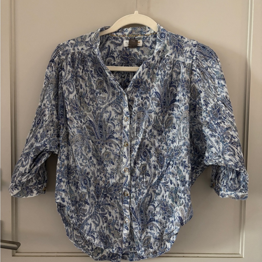 Blue and White Paisley Button-Up Blouse